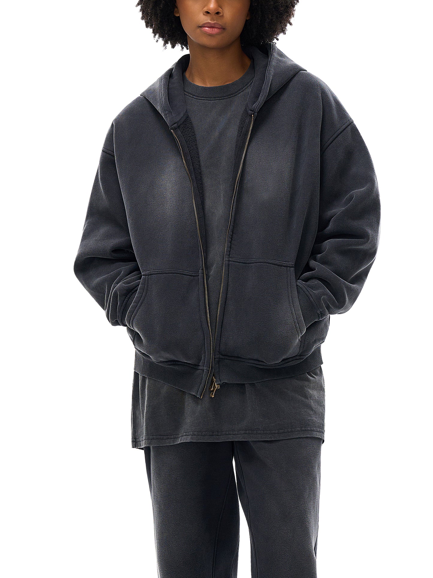 Sunfade Two-way Zipper Boxy Fleece Hoodie